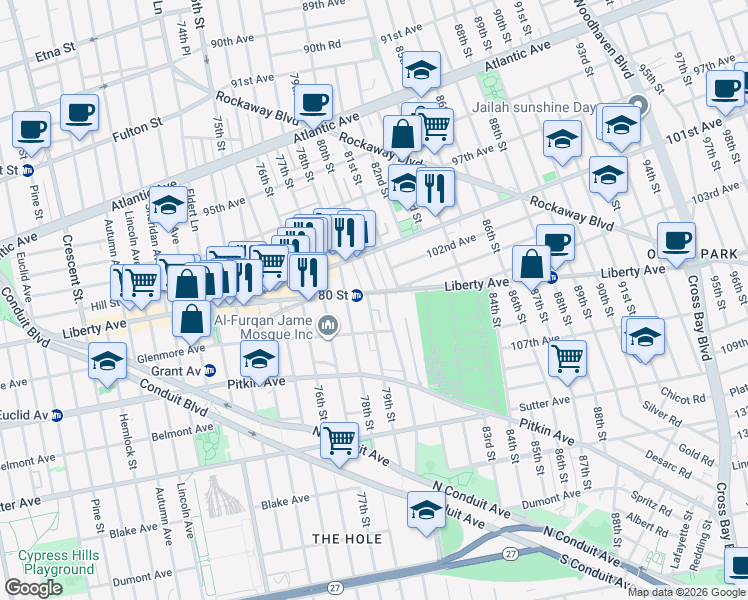 map of restaurants, bars, coffee shops, grocery stores, and more near 78-1 Glenmore Avenue in Queens