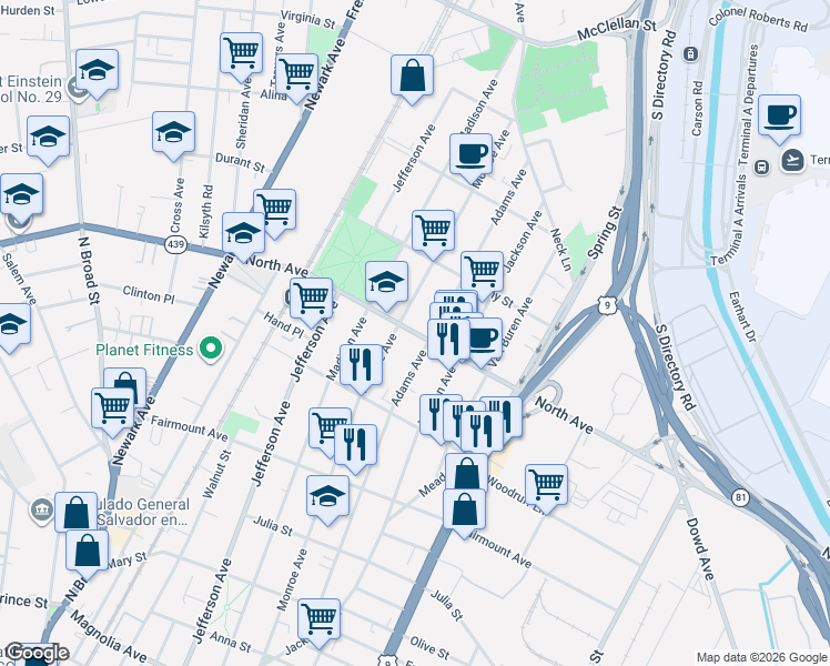 map of restaurants, bars, coffee shops, grocery stores, and more near 737-739 Monroe Avenue in Elizabeth
