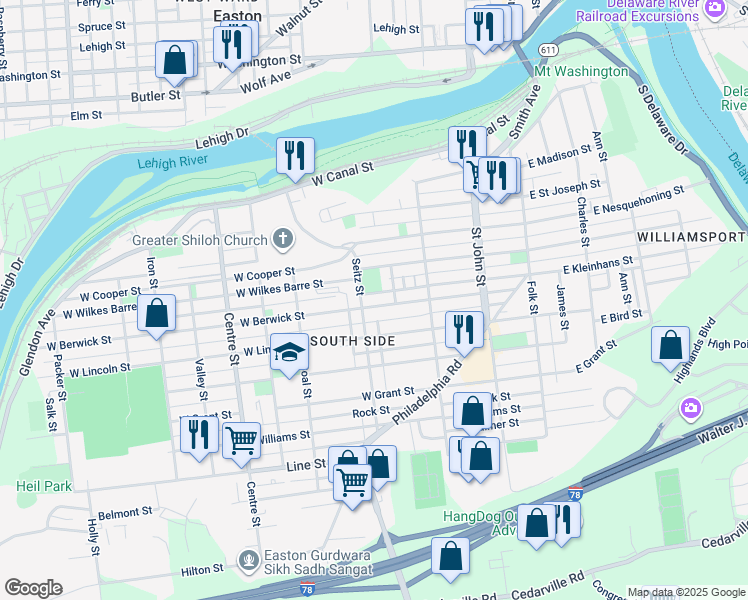 map of restaurants, bars, coffee shops, grocery stores, and more near 379 West Berwick Street in Easton