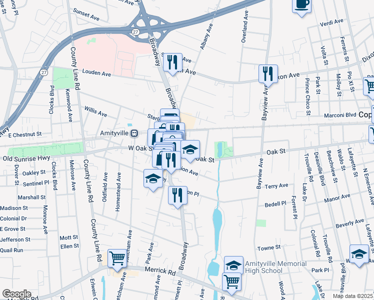 map of restaurants, bars, coffee shops, grocery stores, and more near 16-30 Union Avenue in Amityville