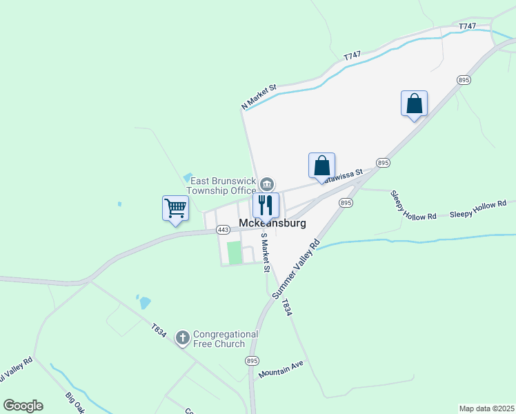 map of restaurants, bars, coffee shops, grocery stores, and more near 21 North Market Street in New Ringgold