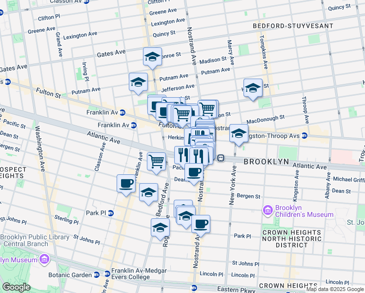 map of restaurants, bars, coffee shops, grocery stores, and more near 1238 Atlantic Avenue in Brooklyn