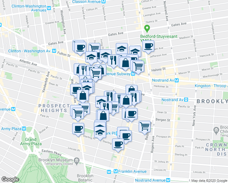 map of restaurants, bars, coffee shops, grocery stores, and more near 627 Classon Avenue in Brooklyn