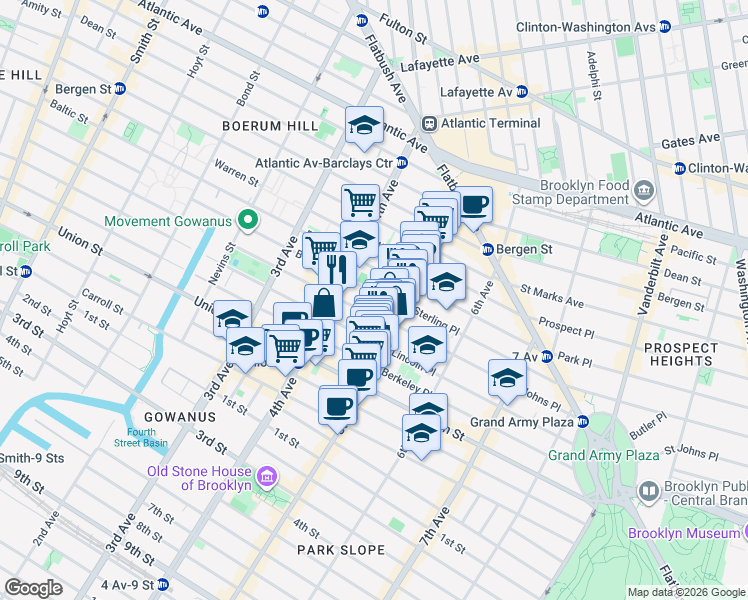 map of restaurants, bars, coffee shops, grocery stores, and more near 398 Douglass Street in Brooklyn
