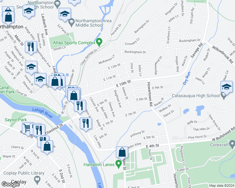 map of restaurants, bars, coffee shops, grocery stores, and more near 405 East 9th Street in Northampton