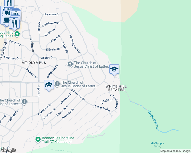 map of restaurants, bars, coffee shops, grocery stores, and more near 4248 Mount Olympus Way in Salt Lake City