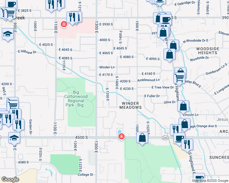 map of restaurants, bars, coffee shops, grocery stores, and more near 4277 South 1350 East in Millcreek
