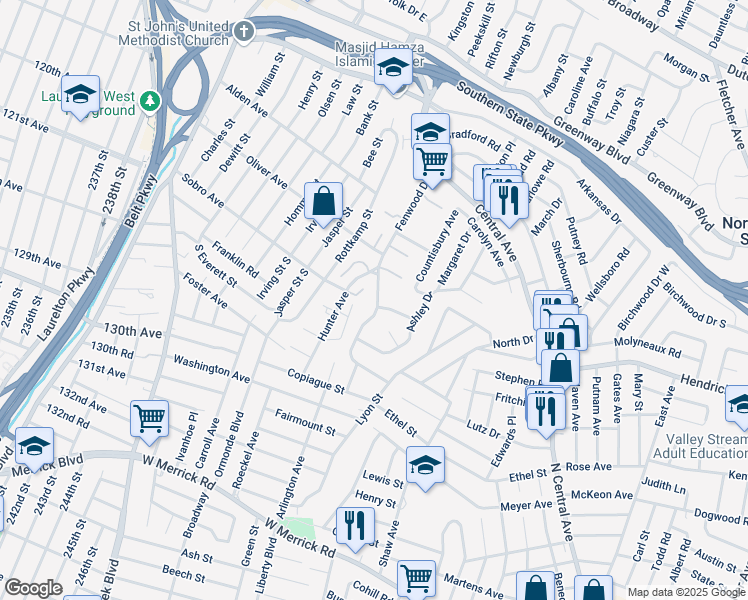 map of restaurants, bars, coffee shops, grocery stores, and more near 1115 Fenwood Drive in Valley Stream