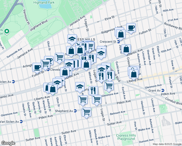map of restaurants, bars, coffee shops, grocery stores, and more near 47 Milford Street in Brooklyn