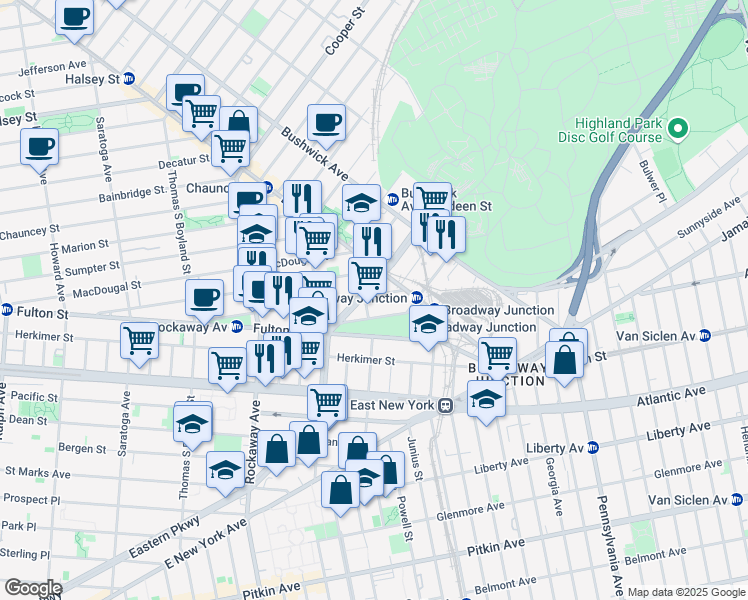 map of restaurants, bars, coffee shops, grocery stores, and more near 81 Truxton Street in Brooklyn