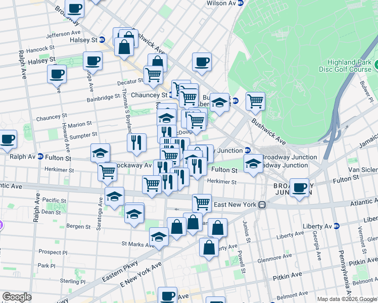 map of restaurants, bars, coffee shops, grocery stores, and more near 2083 Fulton Street in Brooklyn