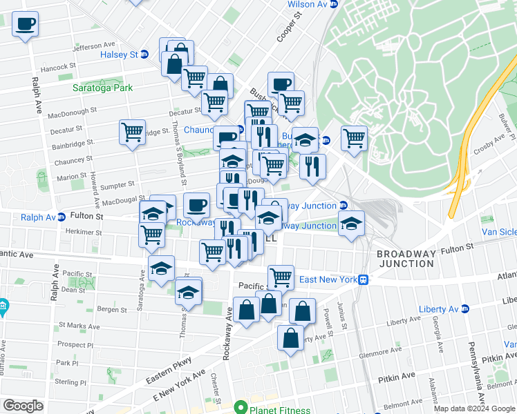 map of restaurants, bars, coffee shops, grocery stores, and more near 2083 Fulton Street in Brooklyn