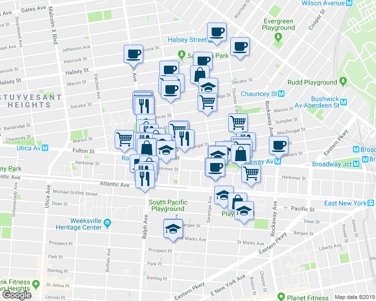 map of restaurants, bars, coffee shops, grocery stores, and more near 1994 Fulton Street in Brooklyn