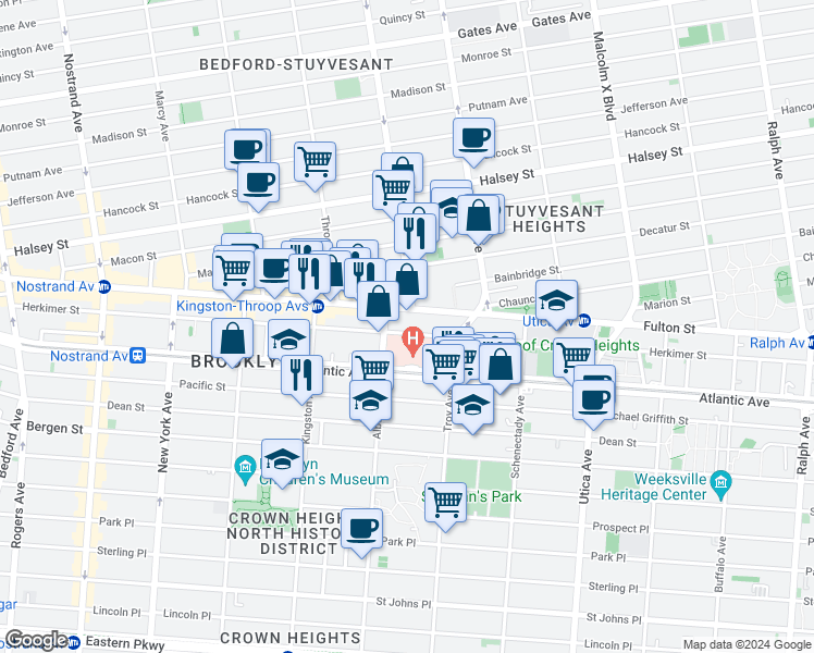 map of restaurants, bars, coffee shops, grocery stores, and more near 79 Albany Avenue in Brooklyn