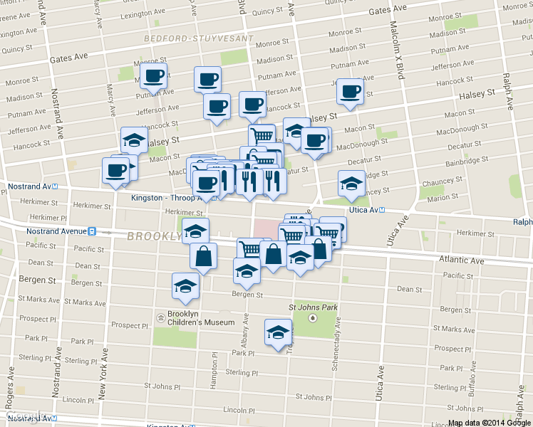 map of restaurants, bars, coffee shops, grocery stores, and more near 79 Albany Avenue in Brooklyn