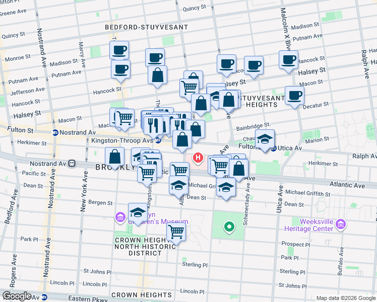 map of restaurants, bars, coffee shops, grocery stores, and more near 79 Albany Avenue in Brooklyn