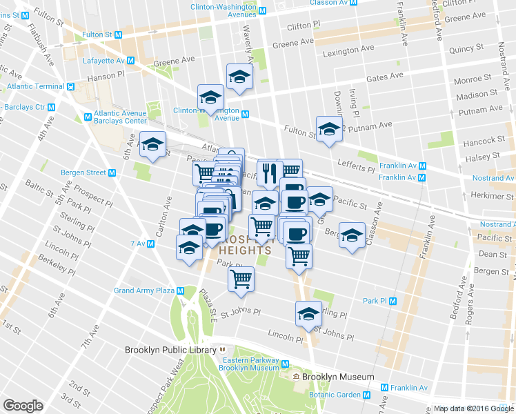 map of restaurants, bars, coffee shops, grocery stores, and more near 80 Underhill Avenue in Brooklyn
