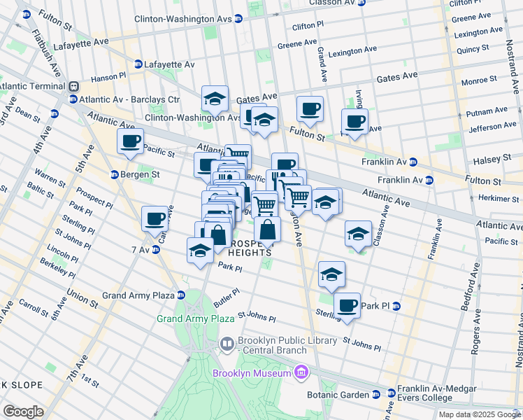 map of restaurants, bars, coffee shops, grocery stores, and more near 80 Underhill Avenue in Brooklyn
