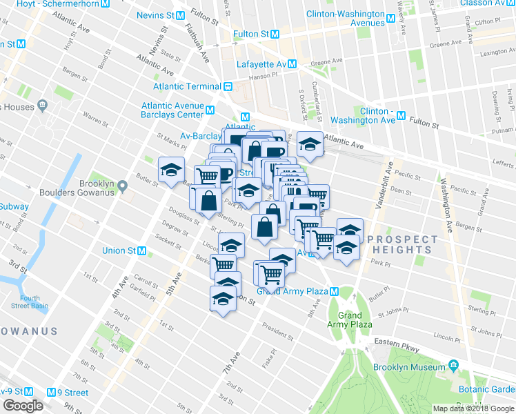 map of restaurants, bars, coffee shops, grocery stores, and more near 80 Park Place in Brooklyn
