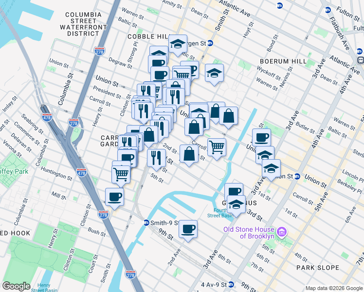 map of restaurants, bars, coffee shops, grocery stores, and more near 62 2nd Street in Brooklyn