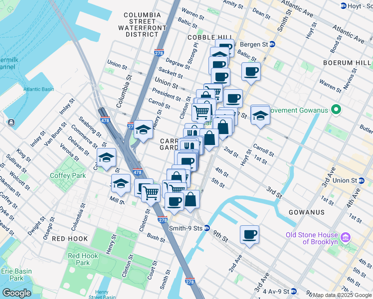 map of restaurants, bars, coffee shops, grocery stores, and more near 429 Court Street in Brooklyn