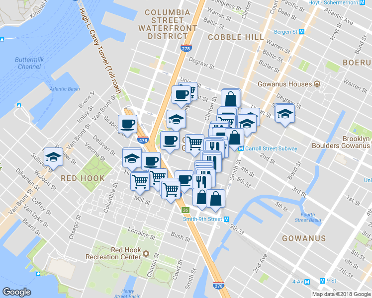 map of restaurants, bars, coffee shops, grocery stores, and more near 28 4th Place in Brooklyn