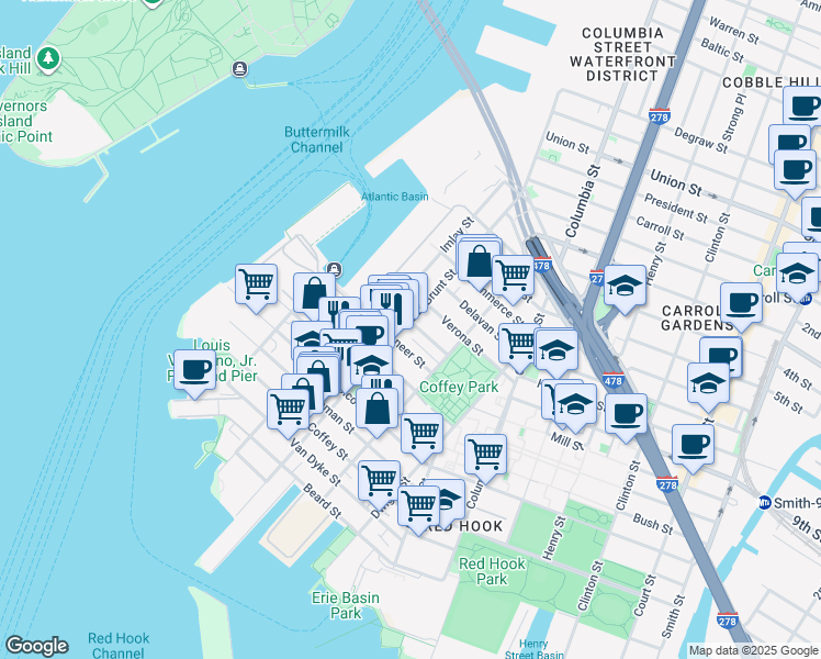 map of restaurants, bars, coffee shops, grocery stores, and more near 102 Pioneer Street in Brooklyn
