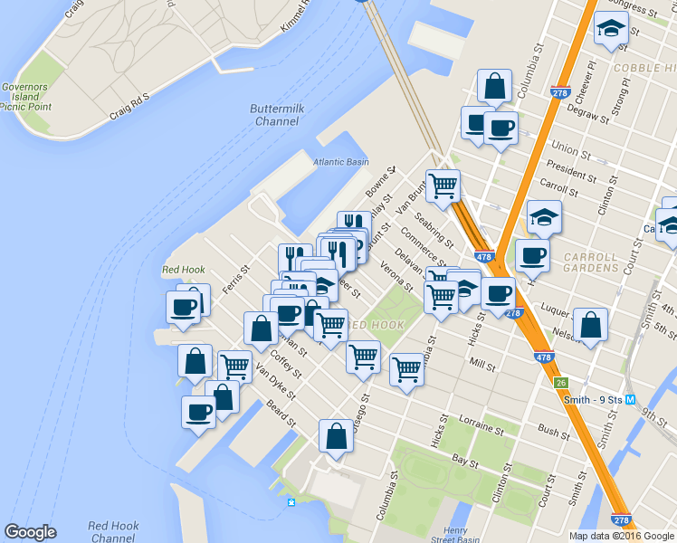 map of restaurants, bars, coffee shops, grocery stores, and more near 332 Van Brunt Street in Brooklyn