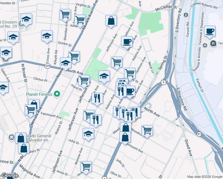 map of restaurants, bars, coffee shops, grocery stores, and more near 737-739 Monroe Avenue in Elizabeth