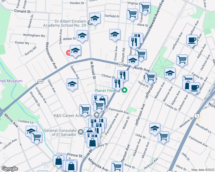 map of restaurants, bars, coffee shops, grocery stores, and more near 635 North Broad Street in Elizabeth