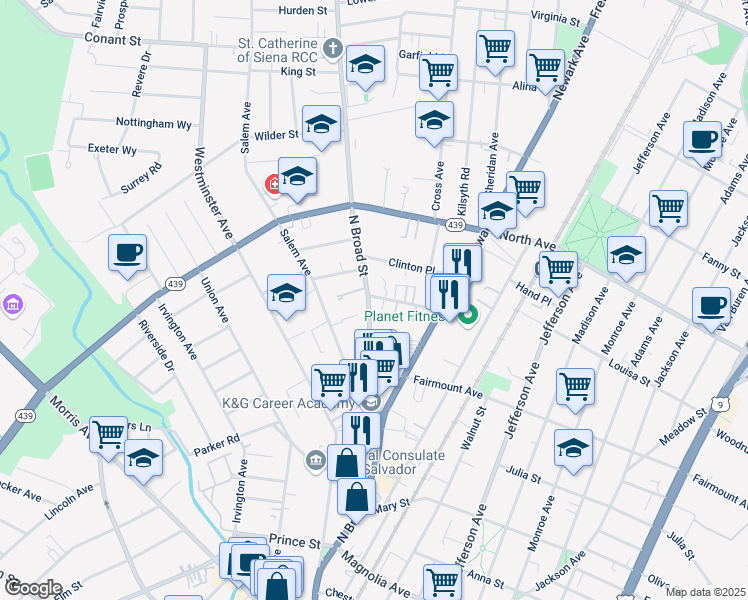 map of restaurants, bars, coffee shops, grocery stores, and more near in Elizabeth