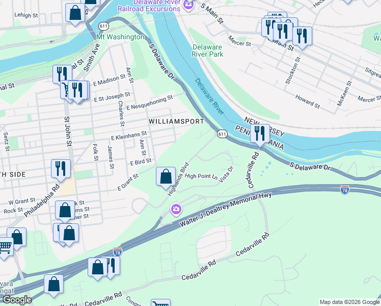 map of restaurants, bars, coffee shops, grocery stores, and more near 109 Vista Drive in Easton