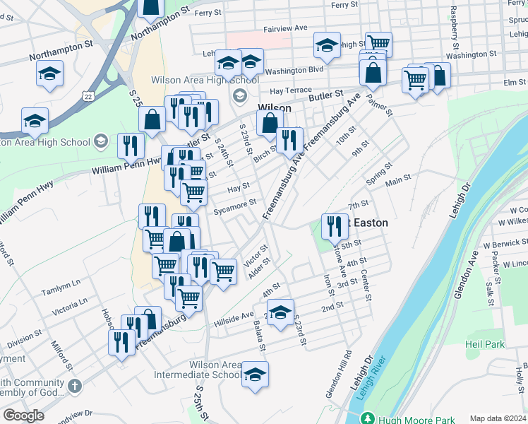 map of restaurants, bars, coffee shops, grocery stores, and more near 835 South 24th Street in Easton
