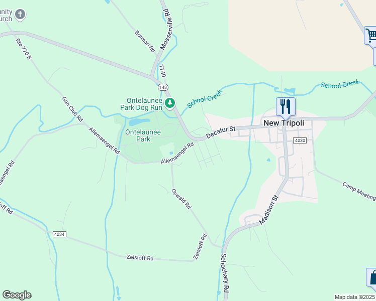 map of restaurants, bars, coffee shops, grocery stores, and more near 7417 Donna Drive in New Tripoli