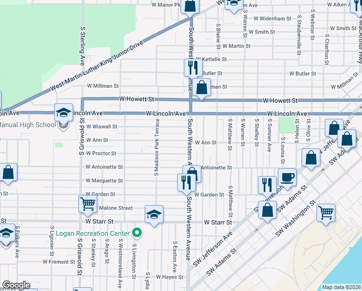 map of restaurants, bars, coffee shops, grocery stores, and more near 1902 West Proctor Street in Peoria