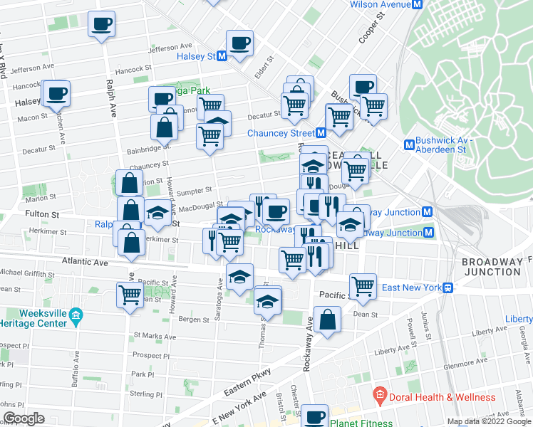 map of restaurants, bars, coffee shops, grocery stores, and more near Thomas S Boyland St & Hull St in Brooklyn