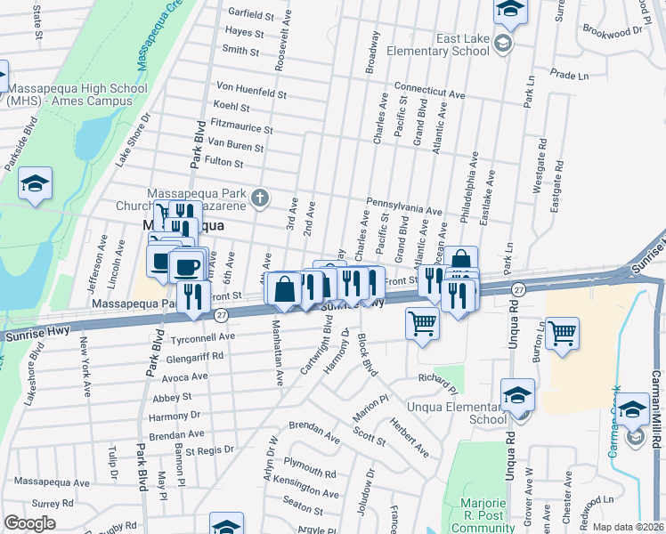 map of restaurants, bars, coffee shops, grocery stores, and more near 293 Front Street in Massapequa Park
