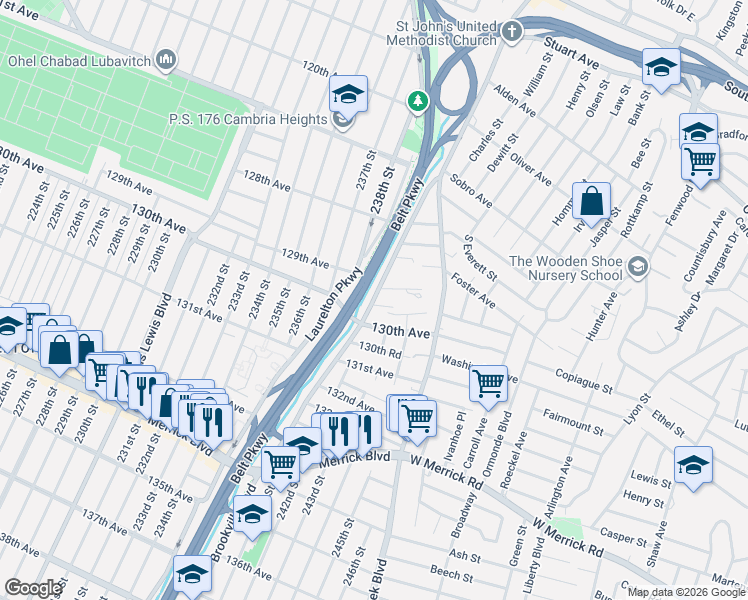 map of restaurants, bars, coffee shops, grocery stores, and more near 243-04 129th Road in Queens