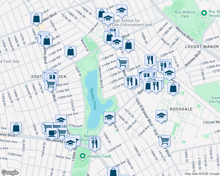 map of restaurants, bars, coffee shops, grocery stores, and more near 160-24 121st Avenue in Queens