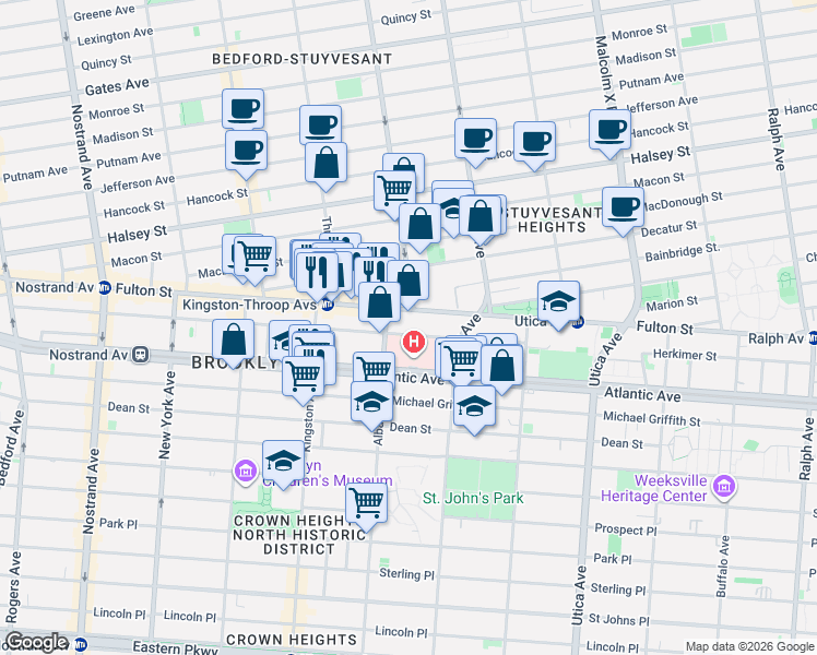 map of restaurants, bars, coffee shops, grocery stores, and more near 79 Albany Avenue in Brooklyn