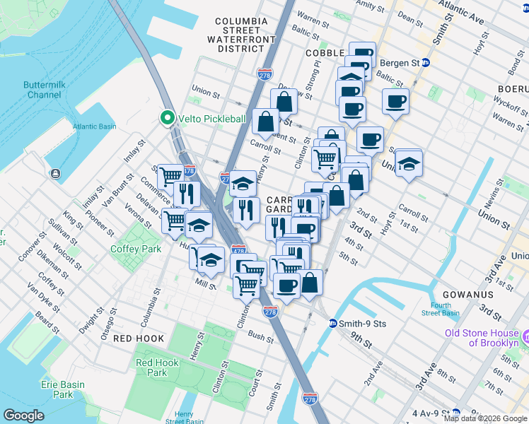 map of restaurants, bars, coffee shops, grocery stores, and more near 28 4th Place in Brooklyn