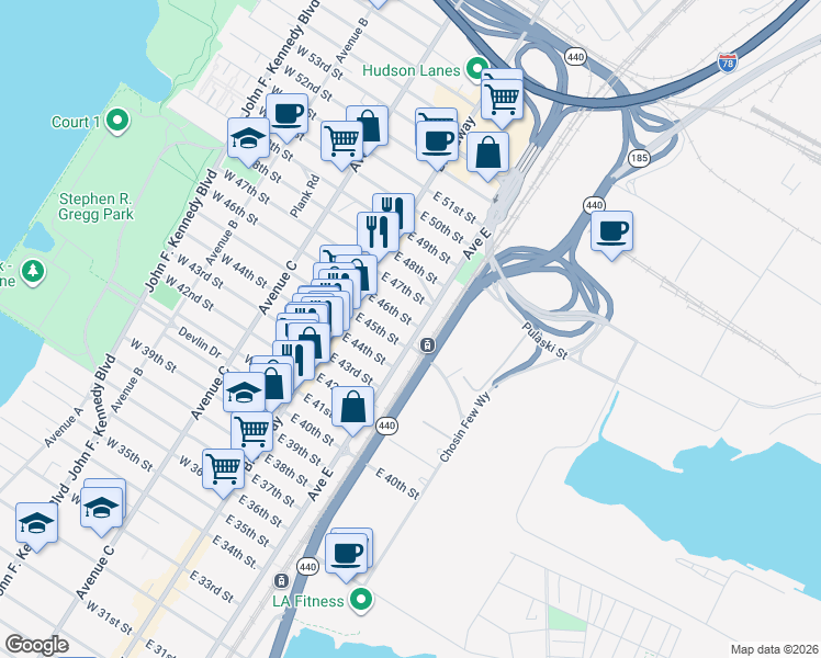 map of restaurants, bars, coffee shops, grocery stores, and more near 709 Avenue E in Bayonne