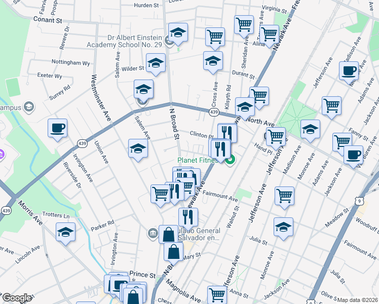 map of restaurants, bars, coffee shops, grocery stores, and more near 635 North Broad Street in Elizabeth