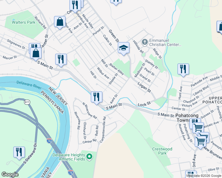 map of restaurants, bars, coffee shops, grocery stores, and more near 1021 Bank Street in Phillipsburg