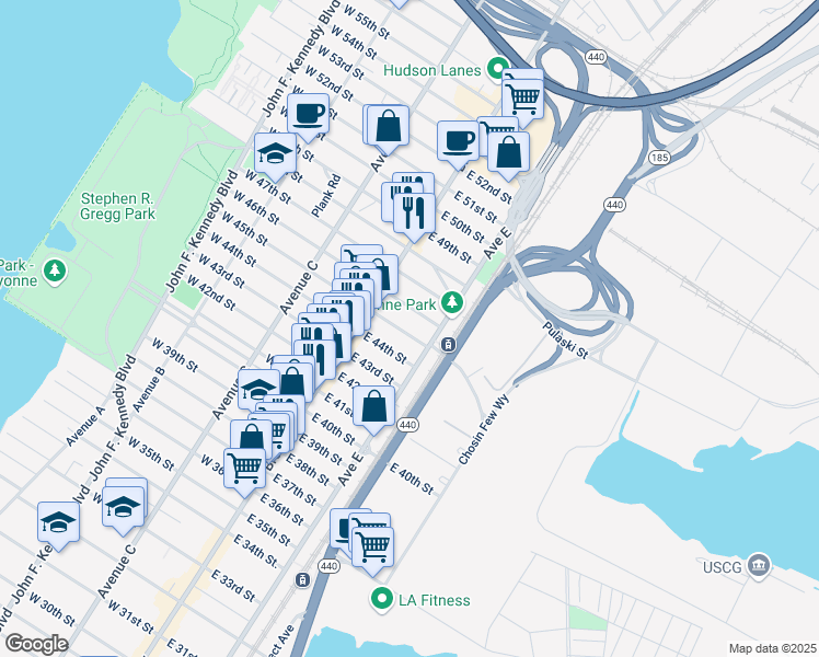 map of restaurants, bars, coffee shops, grocery stores, and more near 35 East 45th Street in Bayonne