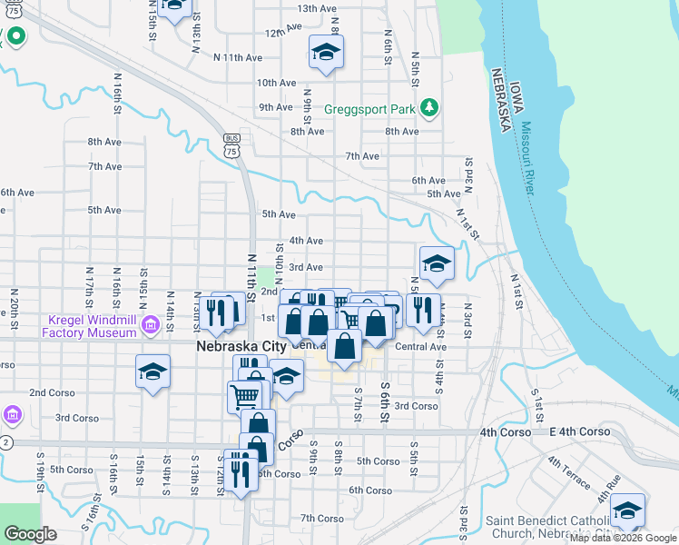 map of restaurants, bars, coffee shops, grocery stores, and more near 712 2nd Avenue in Nebraska City