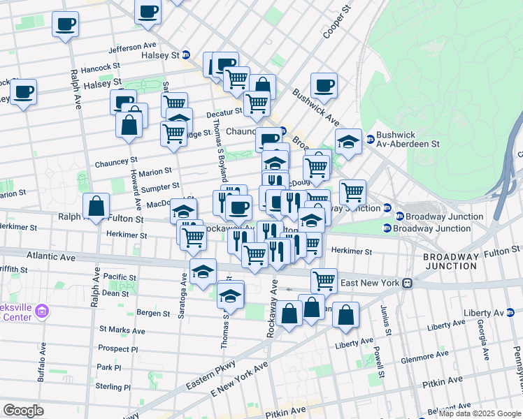 map of restaurants, bars, coffee shops, grocery stores, and more near 112 Hull Street in Brooklyn