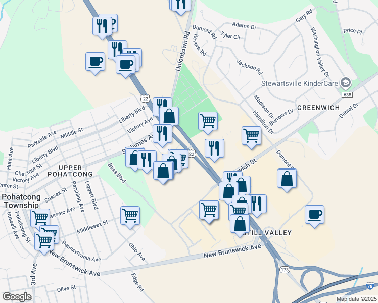 map of restaurants, bars, coffee shops, grocery stores, and more near U.S. 22 in Phillipsburg
