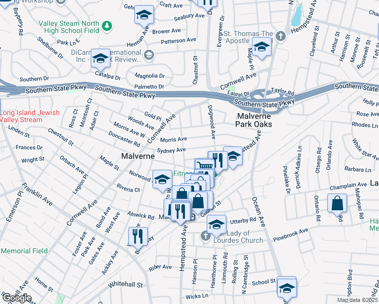 map of restaurants, bars, coffee shops, grocery stores, and more near 57 Lawrence Avenue in Malverne