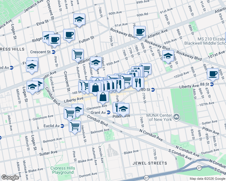 map of restaurants, bars, coffee shops, grocery stores, and more near 190 Forbell Street in Brooklyn